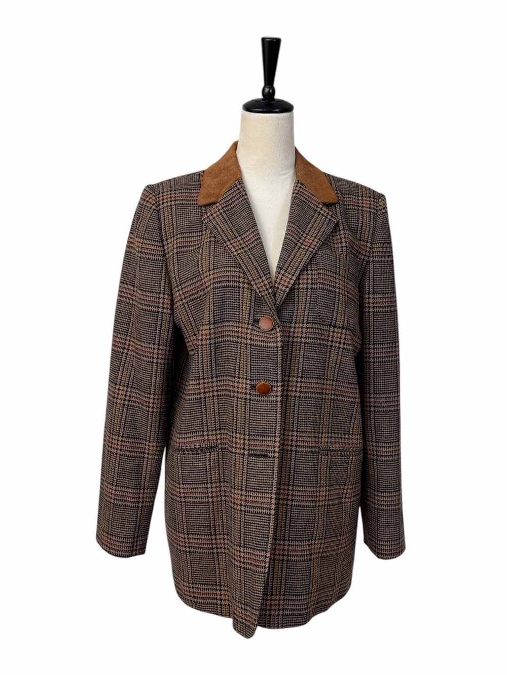 Studio 205 Vintage Wool Blazer 10 Suede Collar Glen Plaid Brown Made USA 1990s